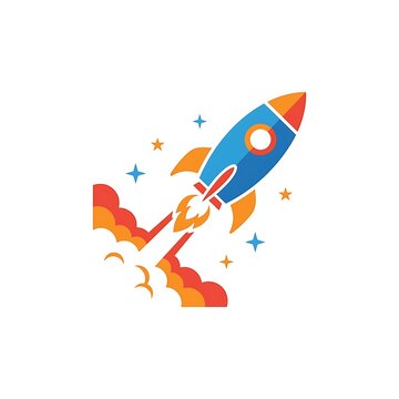 Flat vector illustration of a rocket ship launching into space