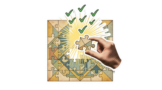 Completed jigsaw puzzle collaboration sticker, two hands fitting final golden puzzle piece into jigsaw with green checkmarks. Teamwork problem solved success on transparent background.
