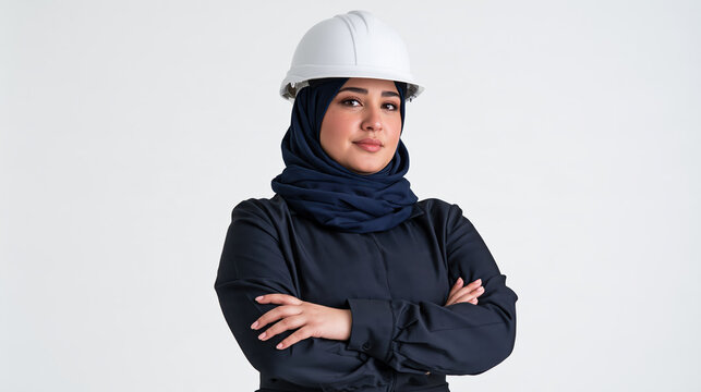 Muslim female construction manager standing confidently with folded arms, wearing hard hat and headscarf against light background