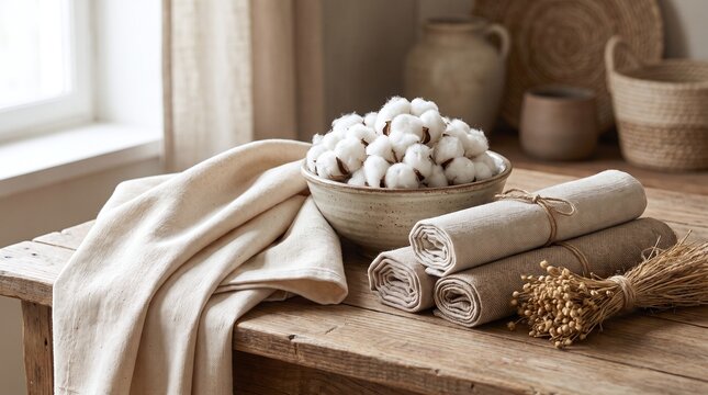 Natural Cotton and Linen Textiles on Rustic Wooden Table