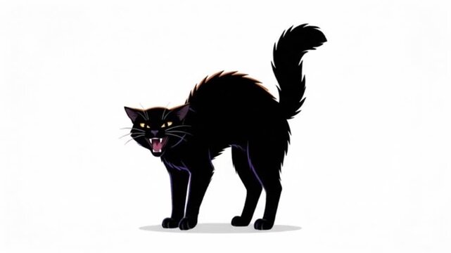 Frightening black cat arching its back with fur standing up and hissing aggressively isolated against a plain white background for Halloween spooky themed graphic design projects