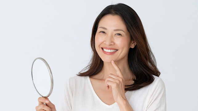Smiling Asian woman examining teeth with mirror, expressing confidence and dental care awareness in bright studio portrait