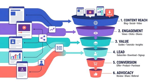 Digital marketing funnel strategy infographic showing the customer journey from content reach to advocacy and conversion