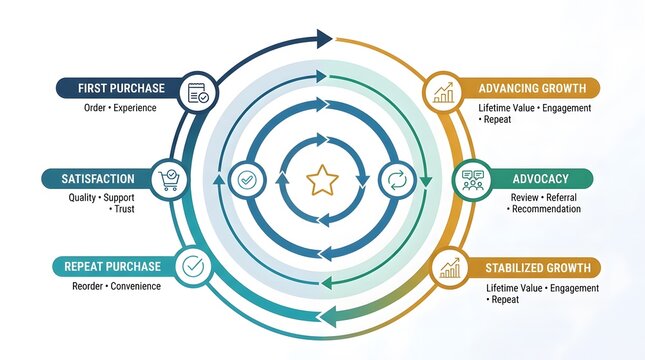 Customer lifecycle journey circular infographic with six stages of business growth and engagement process