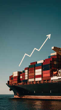 Cargo ship carrying shipping container with upward arrow representing market growth and global trade