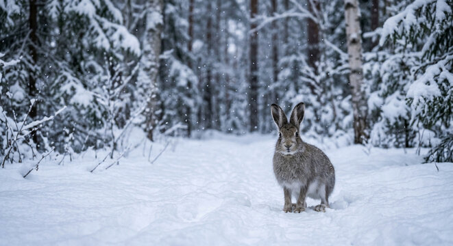 Wild mountain hare standing in snowy forest during gentle snowfall