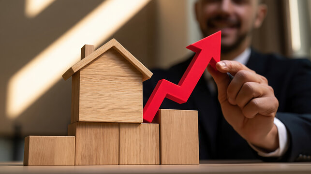 Wooden house model and red growth arrow represent rising mortgage rate and housing market growth with smiling businessperson