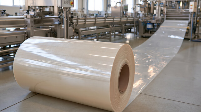 Plastic film roll on industrial production line showing continuous transparent sheet in modern factory