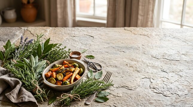 Thanksgiving roasted vegetables with herbs on a rustic stone tabletop