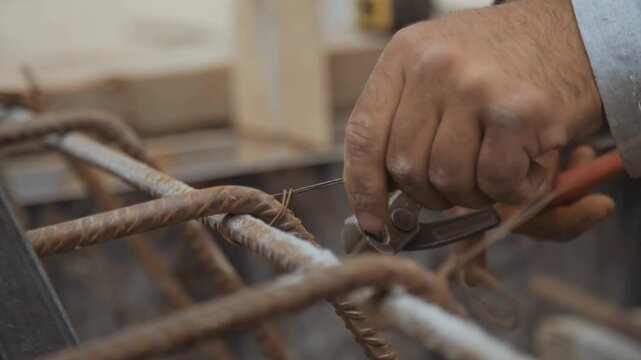 Close Up Shot Construction Worker Hands Using Pliers To Tie Steel Rebar Wire For Concrete Foundation Reinforcement