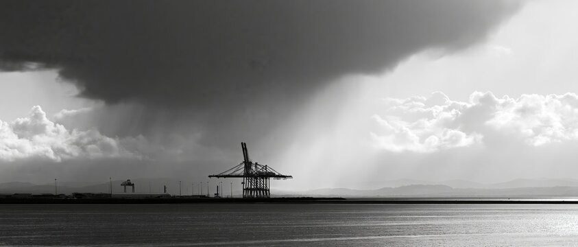 Stormy sky over industrial dock with gantry cranes under dramatic rain shaft