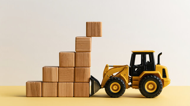 Yellow loader lifting wooden block stack toward goal achievement, symbolizing progress, growth, construction, and success in studio scene