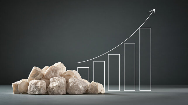 Mineral market concept showing raw mineral pile with rising bar chart growth
