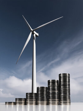 Wind turbine beside rising stacks of coins against cloudy blue sky, symbolizing renewable energy investment and financial growth
