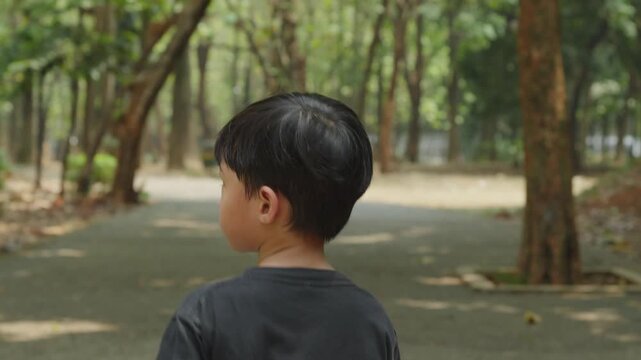 rear view of a young child walking along a paved path through a tree lined park