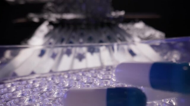 Slow motion capsules dropping into blister tray on pharmaceutical assembly line.