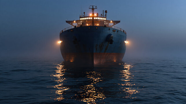 Cargo ship ocean twilight navigation reflection maritime vessel approaches through calm water blue evening light, creating dramatic global