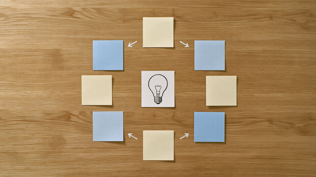 Continuous improvement concept with blank colored cards, circular process arrows, and light bulb on wooden background