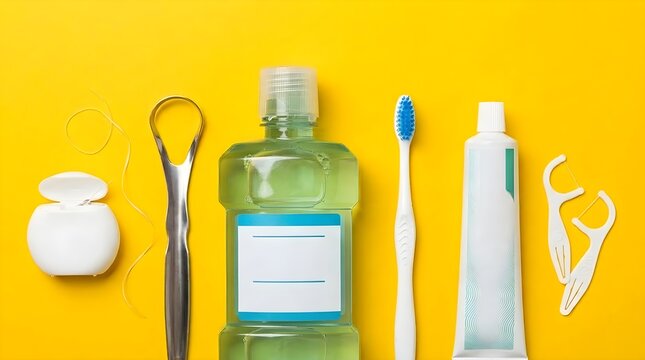 Oral Hygiene Daily Care Set Featuring Mouthwash Toothbrush Toothpaste Dental Floss and Tongue Scraper Tools Arranged on a Bright Yellow Surface