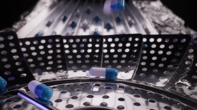 Scattered blue and white capsule pills Slow motion dropping with strips for medical background and pharmaceutical factory.
