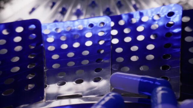 Scattered blue and white capsule pills Slow motion dropping with strips for medical background and pharmaceutical factory.