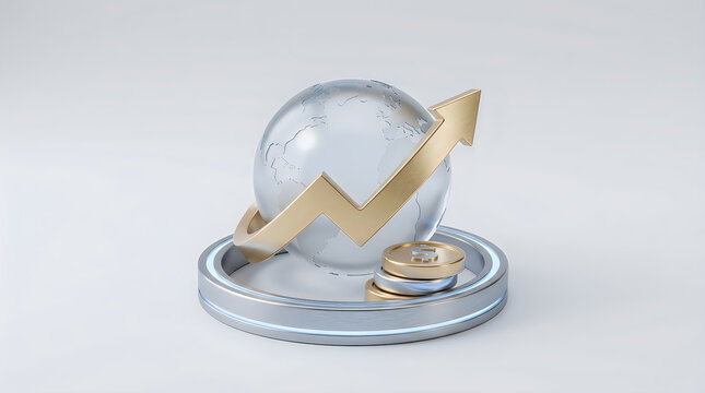 A 3d rendered globe with a rising gold arrow and coins representing global financial growth and investment success