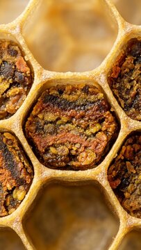Bee bread fermented pollen stored inside honeycomb cells macro view with warm natural lighting