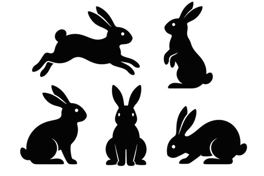 Five silhouette rabbits in various playful poses during the Mid Autumn Festival celebration isolated on transparent background