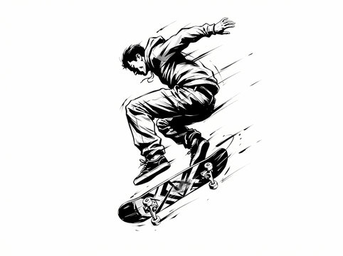 Dynamic black and white illustration of a skateboarder performing an aerial trick.