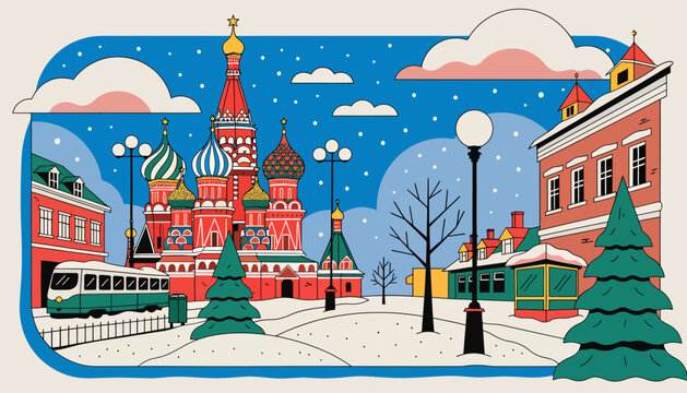 Moscow cityscape, winter scene, red square, kremlin, snow