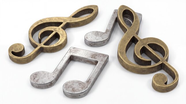 Close-up of metallic musical notes on a neutral background for music concept