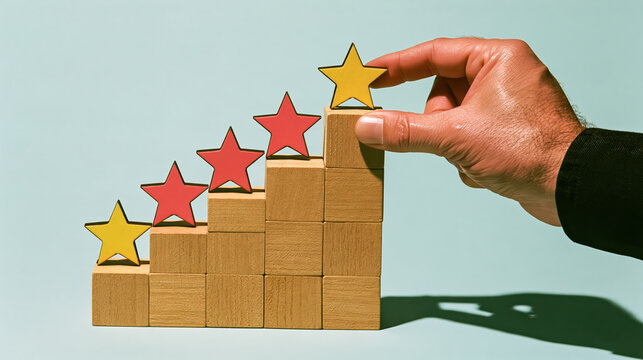 Anonymous hand placing yellow star on wooden rating scale with red stars against blue background