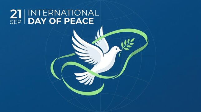 International day of peace illustration with white dove and olive branch on blue globe background