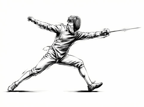 A dynamic charcoal sketch of a fencer in a lunge position.