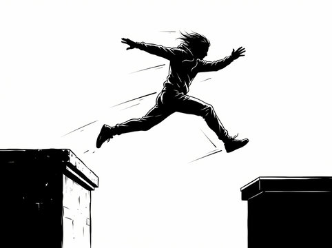 A dynamic silhouette of a person leaping across a gap between two structures.