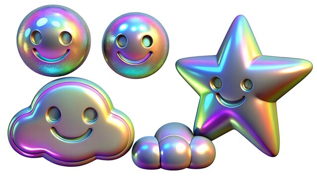 Colorful 3D holographic smiling emojis and shapes for kids' design