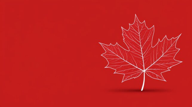 A white outline of a detailed maple leaf is centered on the right side against a solid red background, casting a subtle shadow below.