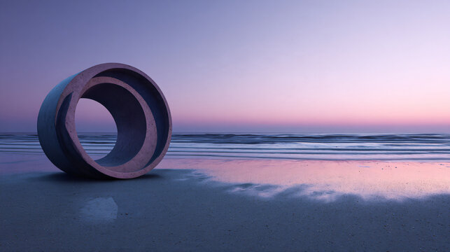 photorealistic quiet beach after sunset, deep blue and warm violet sky, calm sea with subtle horizontal waves