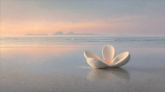 one single sculptural limestone form composed of three smooth curved petals emerging naturally from the sand, understated ivory material