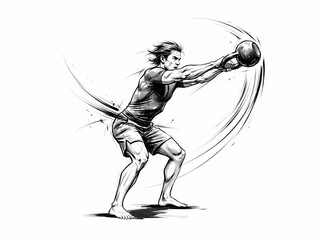 Fototapeta premium Athletic man performing a dynamic kettlebell swing exercise in a sketch style.