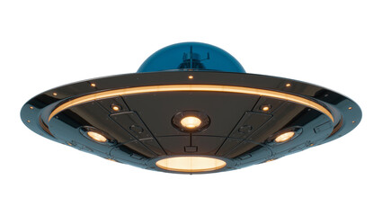 Sleek metallic flying saucer with blue dome and glowing lights, isolated on transparent background © natpic