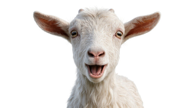 Curious white baby goat with wide open mouth, isolated on transparent background