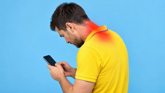 ​A man in a yellow shirt looks down at his smartphone, experiencing neck and back pain highlighted in red against a blue background.