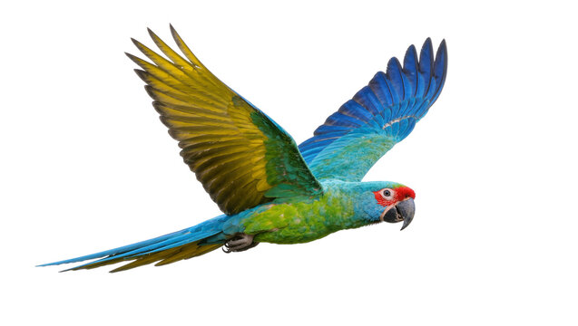 Vibrant blue and green macaw parrot with red face wings spread, flying isolated on transparent background