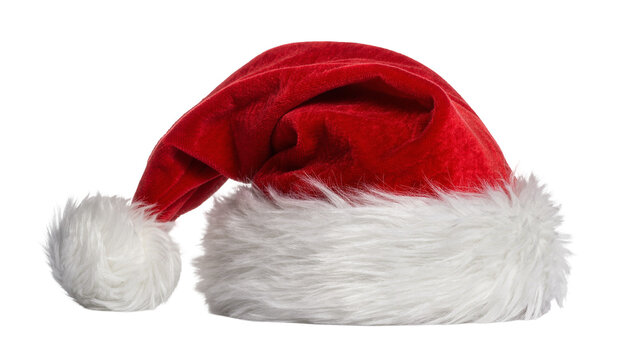Red Santa hat with white fur trim and pompom, isolated on transparent background