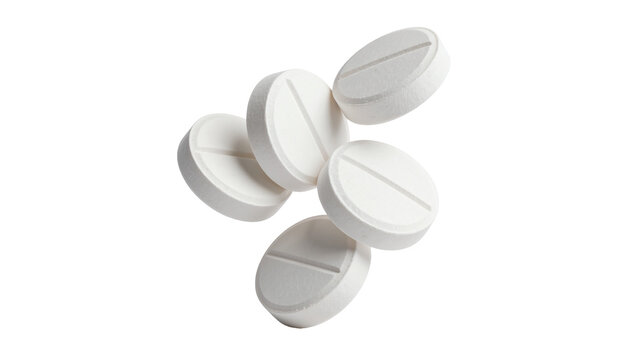 Five white round pills with score lines, isolated on transparent background
