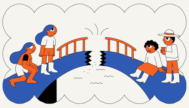 People on broken bridge, conceptual illustration of disconnection