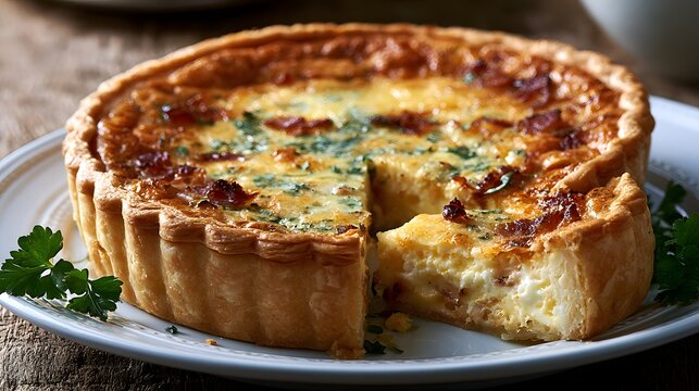 Freshly baked quiche lorraine with bacon and herbs served on a rustic wooden table. Perfect for food photography, restaurant menus, and culinary lifestyle blogs.