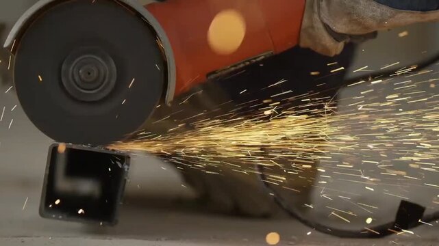 Macro Shot Industrial Worker Cutting Square Metal Pipe Using Angle Grinder Creating Shower Of Golden Sparks