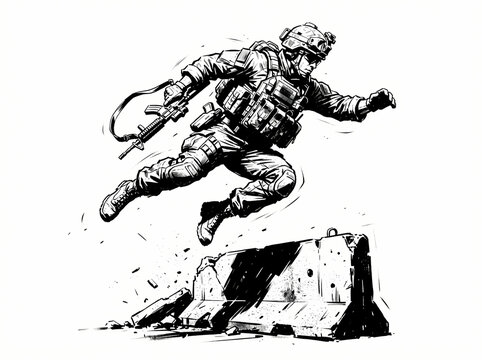 A tactical soldier leaping over a concrete barrier in a dynamic action pose.